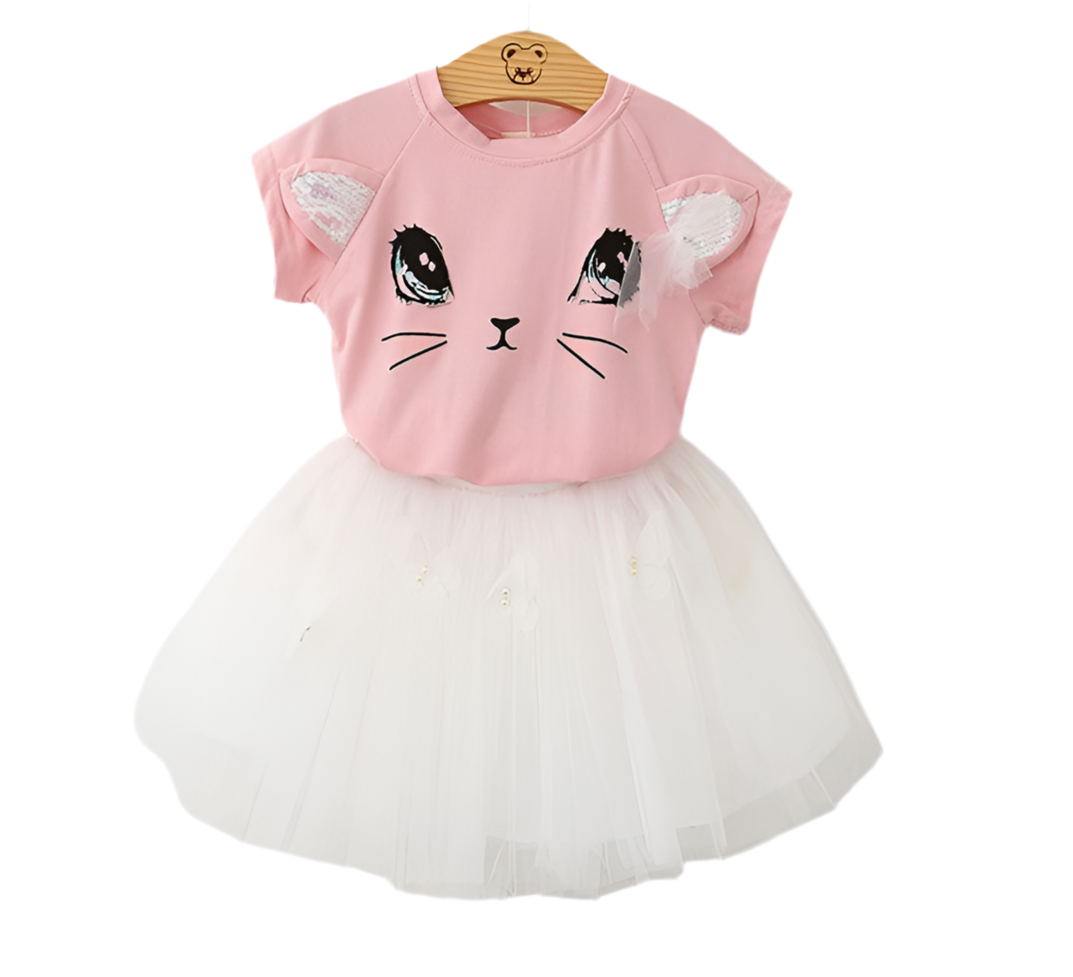 Süße Kinderkatze Kurzarm-T-Shirt Schmetterling Beaded Puffy Rock Set
