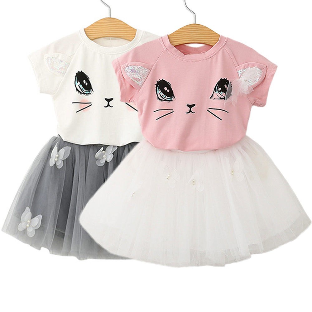 Süße Kinderkatze Kurzarm-T-Shirt Schmetterling Beaded Puffy Rock Set