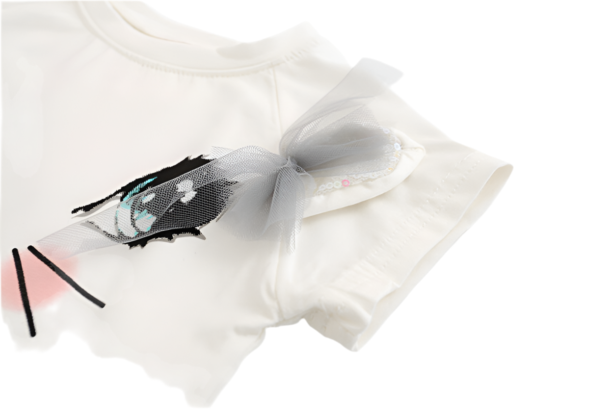 Süße Kinderkatze Kurzarm-T-Shirt Schmetterling Beaded Puffy Rock Set