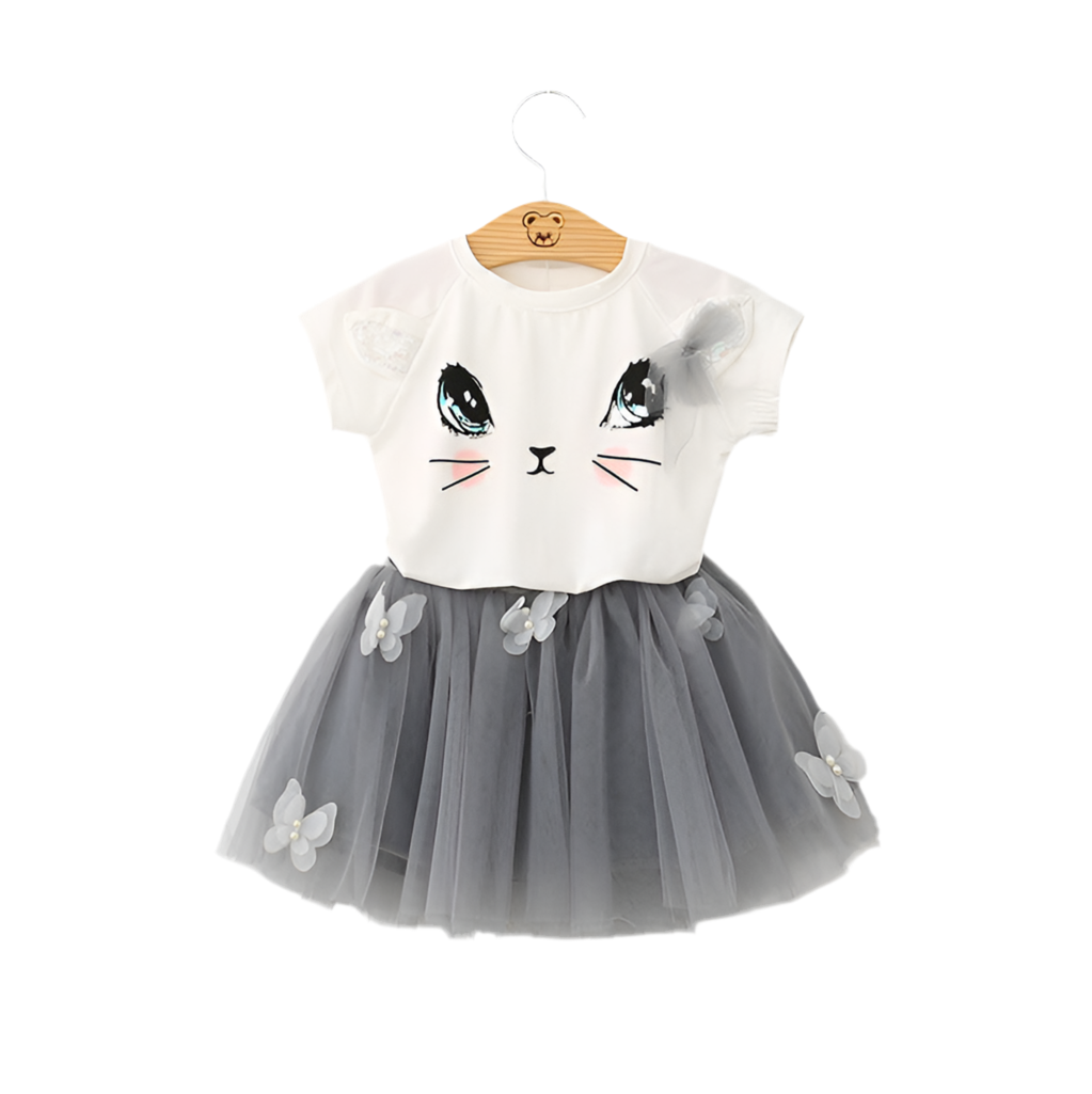 Süße Kinderkatze Kurzarm-T-Shirt Schmetterling Beaded Puffy Rock Set