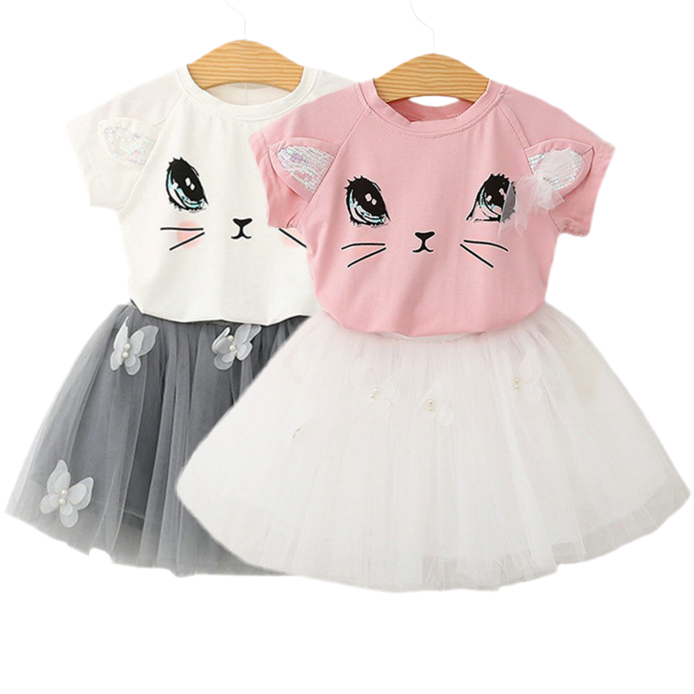 Süße Kinderkatze Kurzarm-T-Shirt Schmetterling Beaded Puffy Rock Set