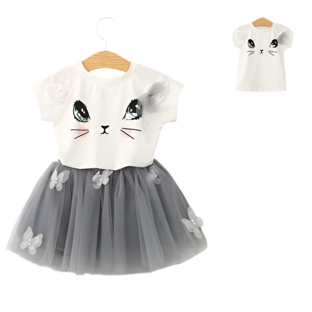 Süße Kinderkatze Kurzarm-T-Shirt Schmetterling Beaded Puffy Rock Set