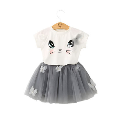 Süße Kinderkatze Kurzarm-T-Shirt Schmetterling Beaded Puffy Rock Set
